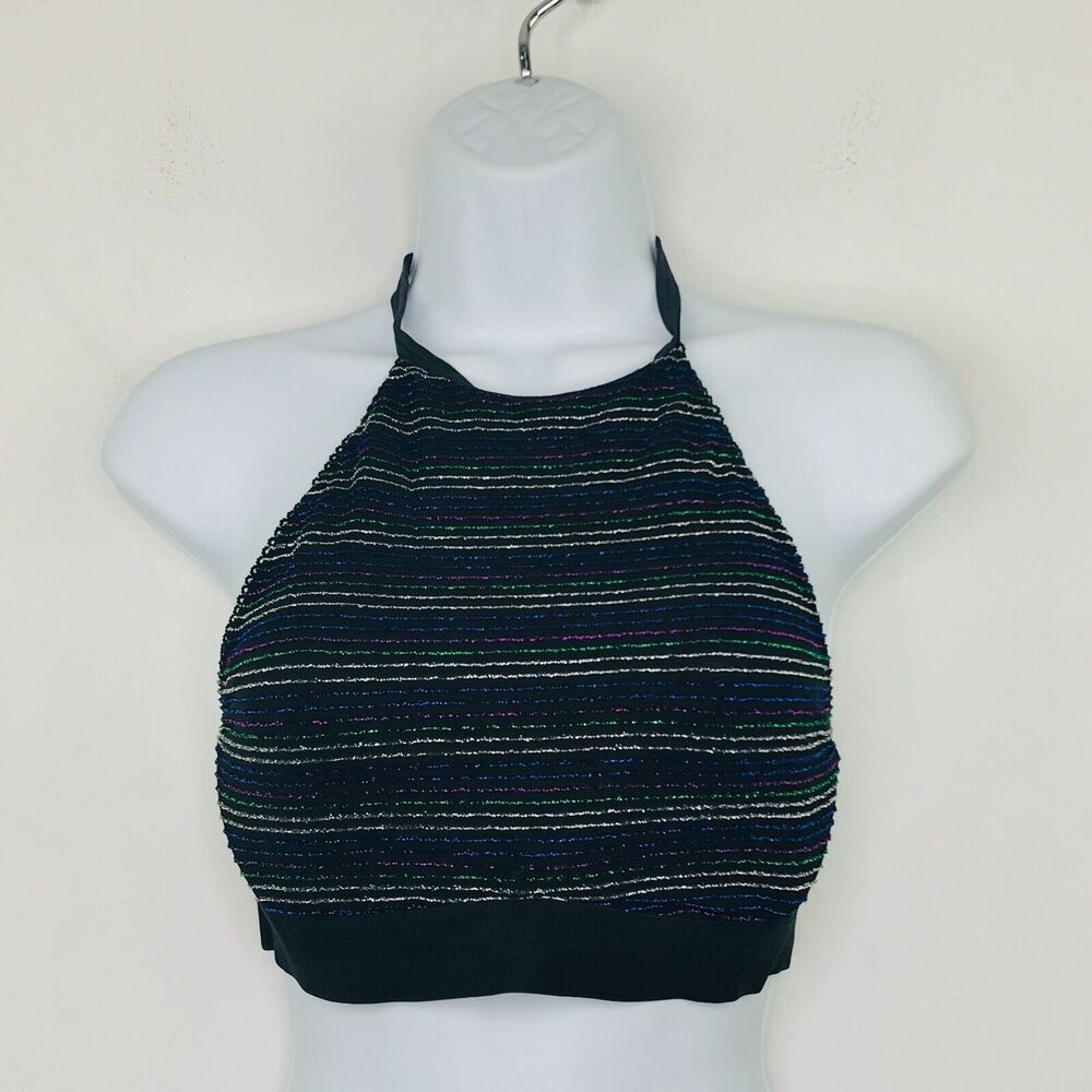 Victoria's Secret Women's XL Bra Top Black Glitter Stripe Unpadded Halter BJ17